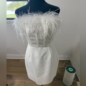 12th Tribe White Strapless Feather & Beaded Mini Dress